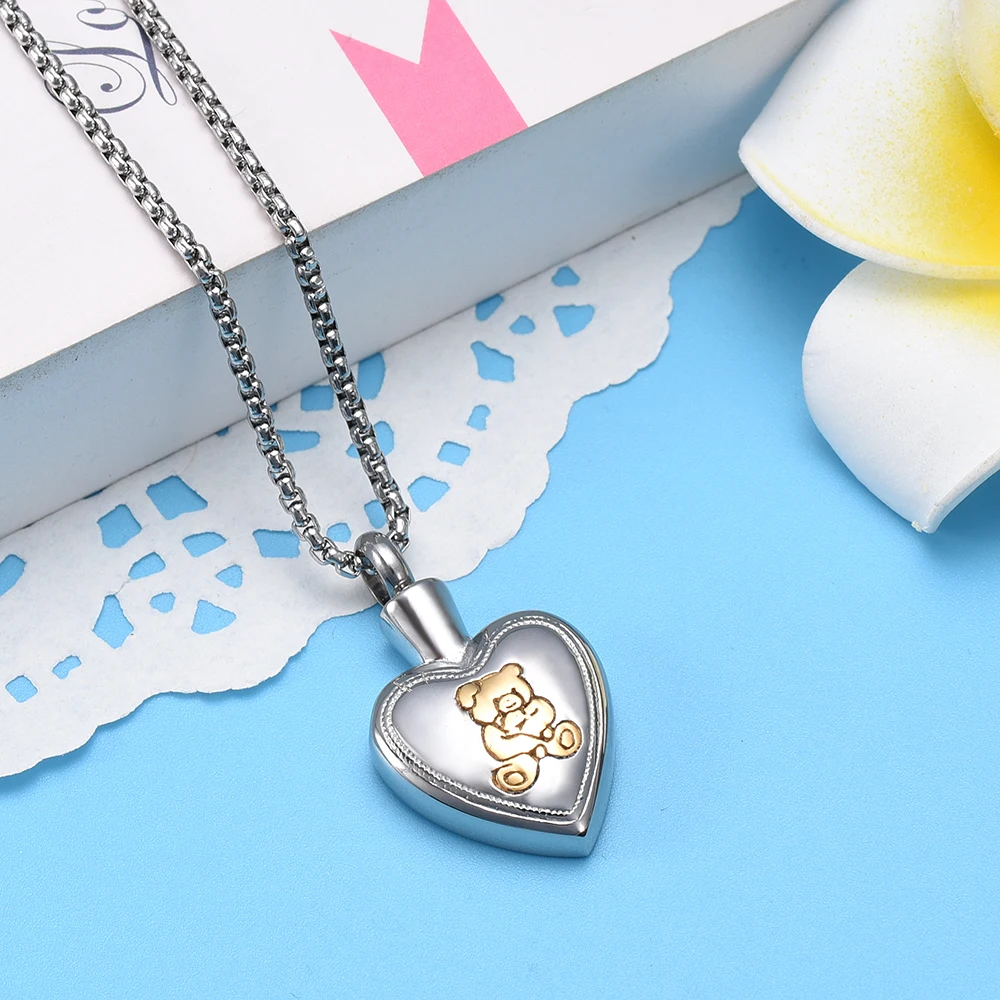 

IJD9837 Small Bear in My Heart Cremation Pendant for Ashes Stainless Steel Engravable Keepsake Jewelry Memorial Urn Necklace