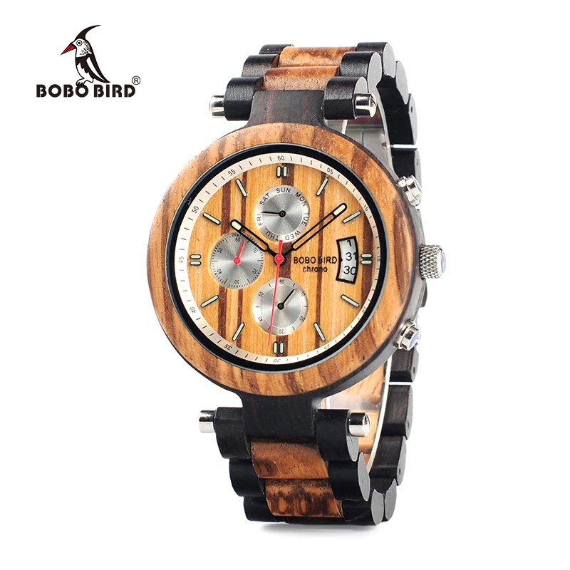 BOBO BIRD WP17 Men Wood Multi-function Ebony Watches Wood Band Fashion Quartz Male Clock Back Cap Custom Watch