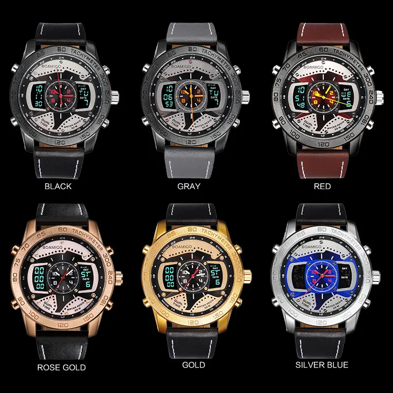 Men Sports Watches BOAMIGO brand man leather LED digital quartz watches wristwatches 30M water resistant relogio masculino clock