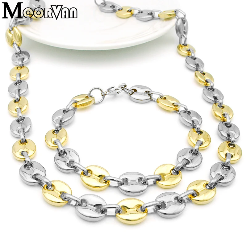 Moorvan New Stainless Steel Men's Flat Beads Jewelry Set Bracelet Necklace Sets VJS001