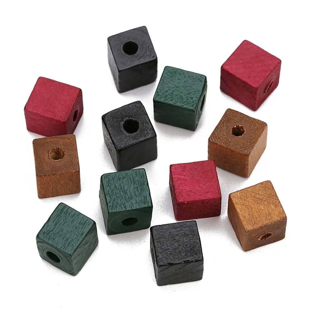 New 50pcs 12mm 14mm Red Green Black Color Natural Wood Beads Square Shape Spacer Wood Beads for DIY Craft Jewelry Findings
