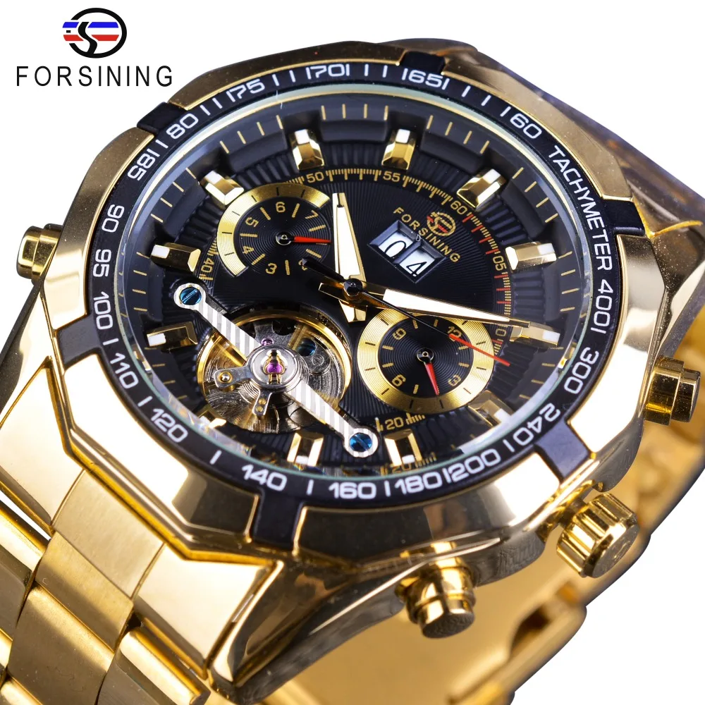 Forsining Golden Stainless Steel Mens Choose Calendar Display Tourbillion Design Business Watch Top Brand Luxury Automatic Watch