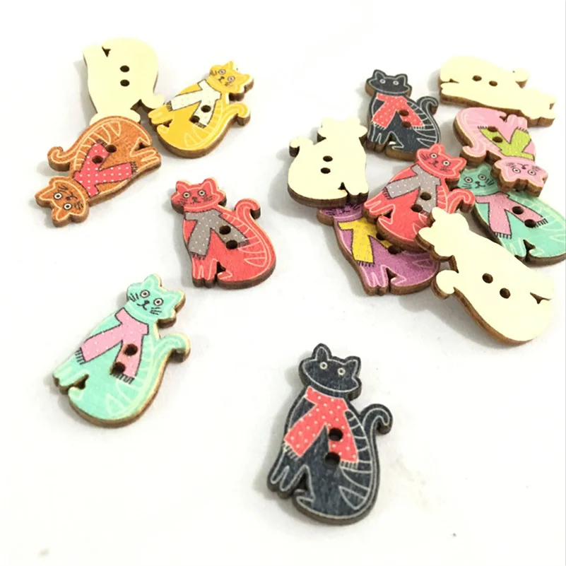 50pcs  2 Holes Cat Wooden buttons Mixed 18*30mm For handmake Scrapbooking Crafts    7NK201