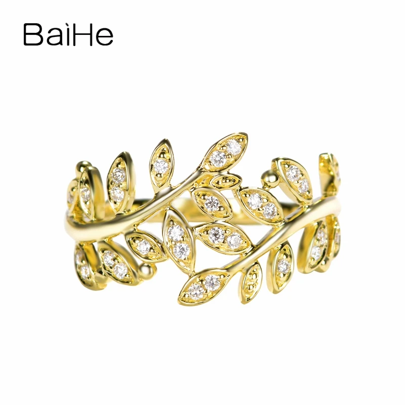 BAIHE Solid 14K Yellow Gold H/SI Natural Diamond Leaves Ring Women Men Trendy Wedding Fine Jewelry Feuilles Anneau Anel Folhas