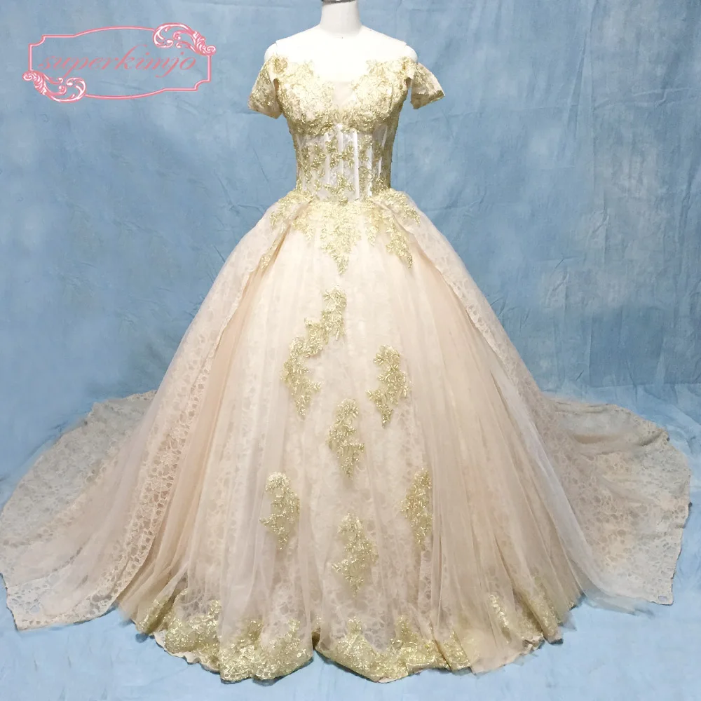 champagne wedding dresses ball gown off the shoulder lace appliques detachable train puffy bridal dresses real picture