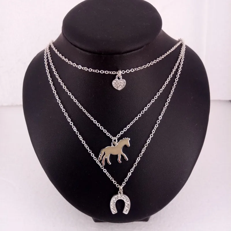 hzew 3 Layers horse necklace heart  horse  Horseshoe pendant necklaces