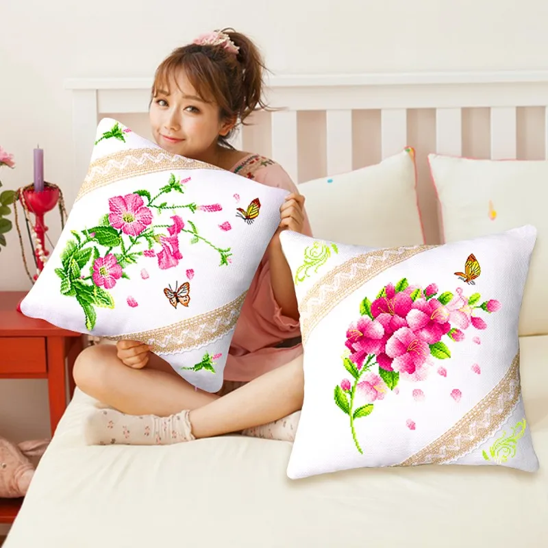 Morning Glory Wildflowers Butterflies Cushion Cover Stamped Cross Stitch Throw Pillow Kit, 18.1inches