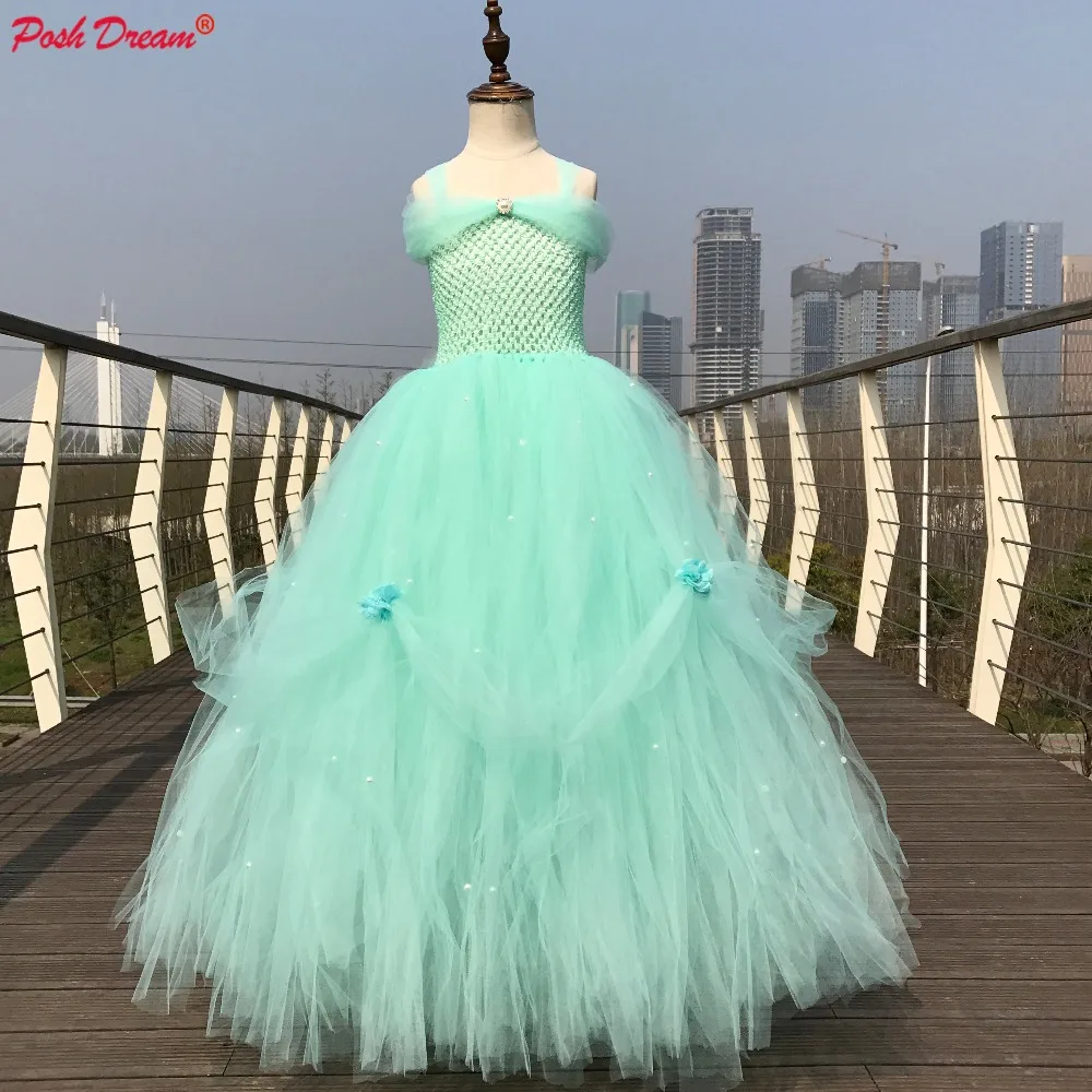 

POSH DREAM Mint Green Princess Tulle Tutu Dress 1-14 Year Children Wedding Party Dresses with Flower Belt Kids Girls Clothes