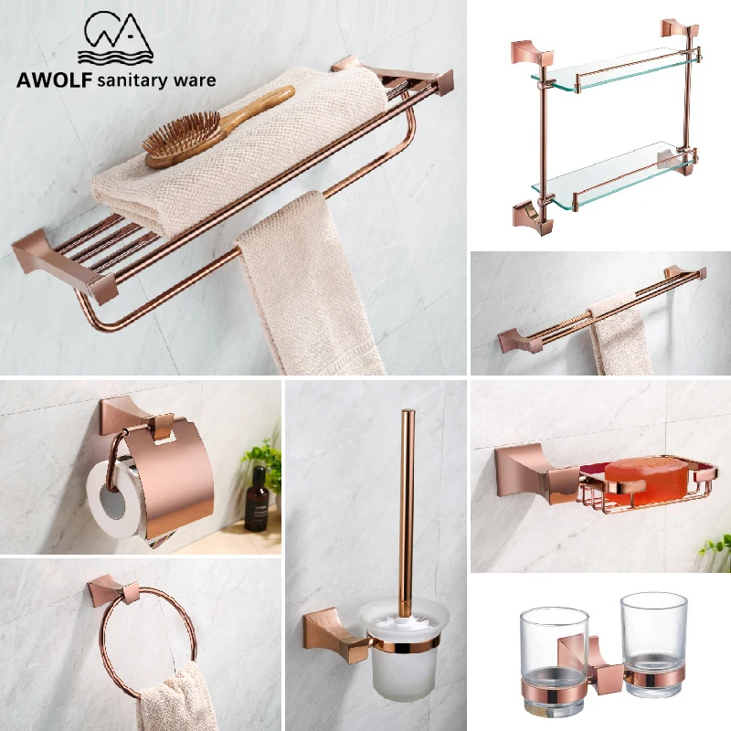 Bathroom Accessories Solid Brass Rose Gold Shiny Wall Mounted Paper Holder Shelves Towel Rack Bar Coat Hooks Soap Dish AZ5151