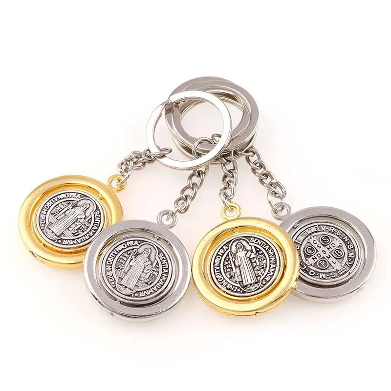 Round Rotatable Saint Benedict Medal Key Chains of St. Benedict Silver and Yellow Gold Color for Car Key Charms 35*40m