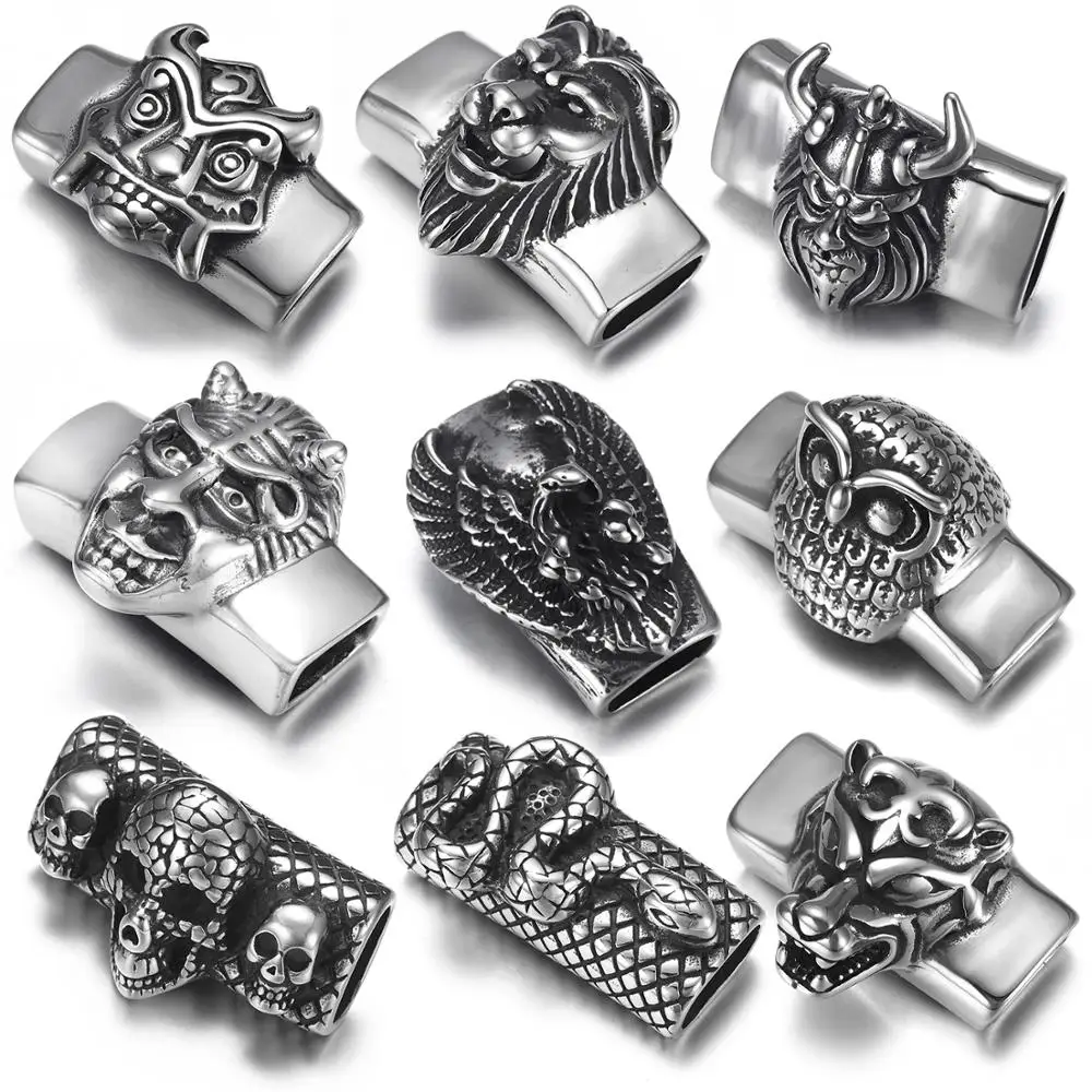 Stainless Steel Punk Slider Beads Skull Viking Slide Charm Fit 12*6mm Flat Leather DIY Men Bracelet Jewelry Making Supplies