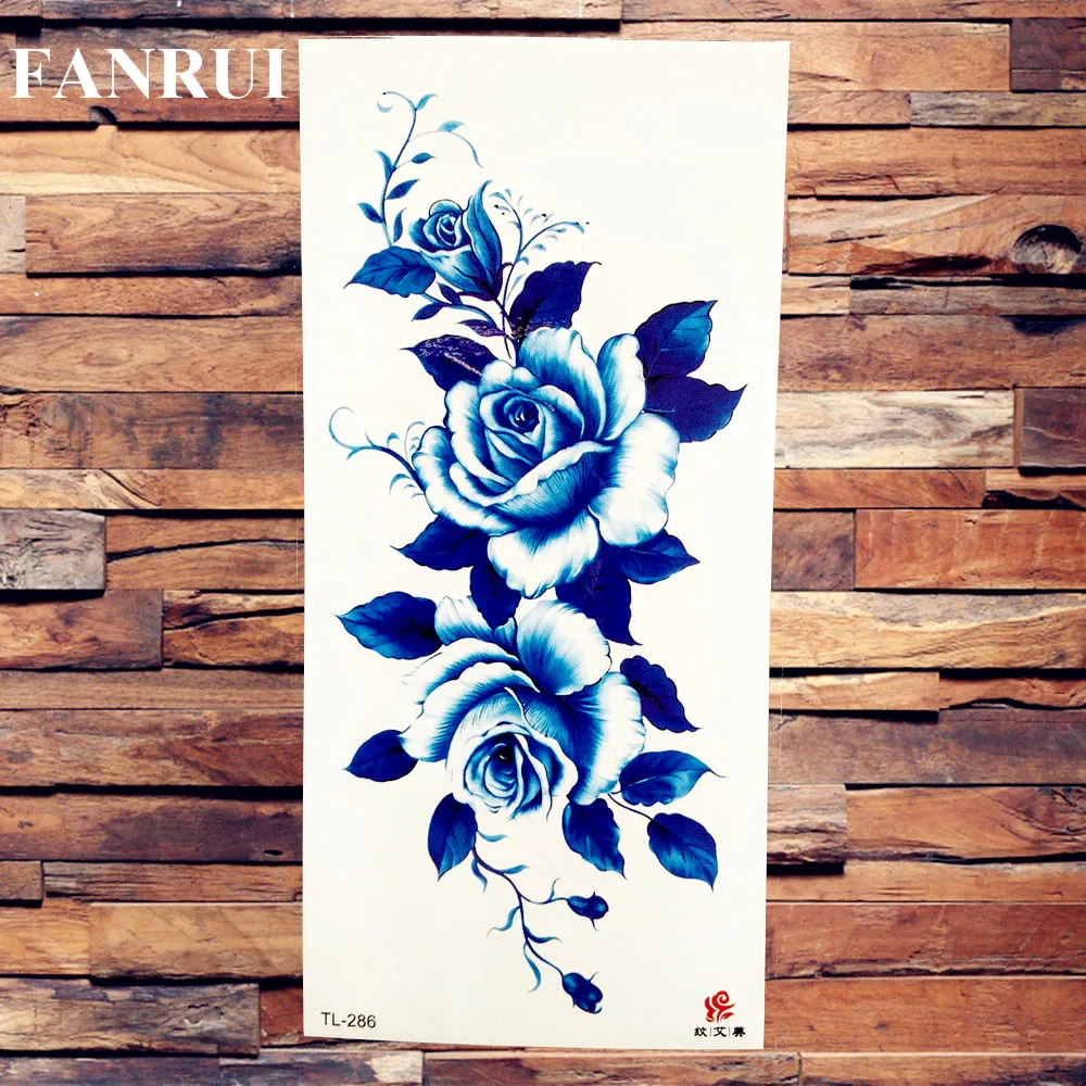 Fake Large Waterproof Blue Flower Rose Peony Temporary Tattoos For Women GIrls Sticker Body Art Arm Tattoo Paper 3D Flora Tatoos