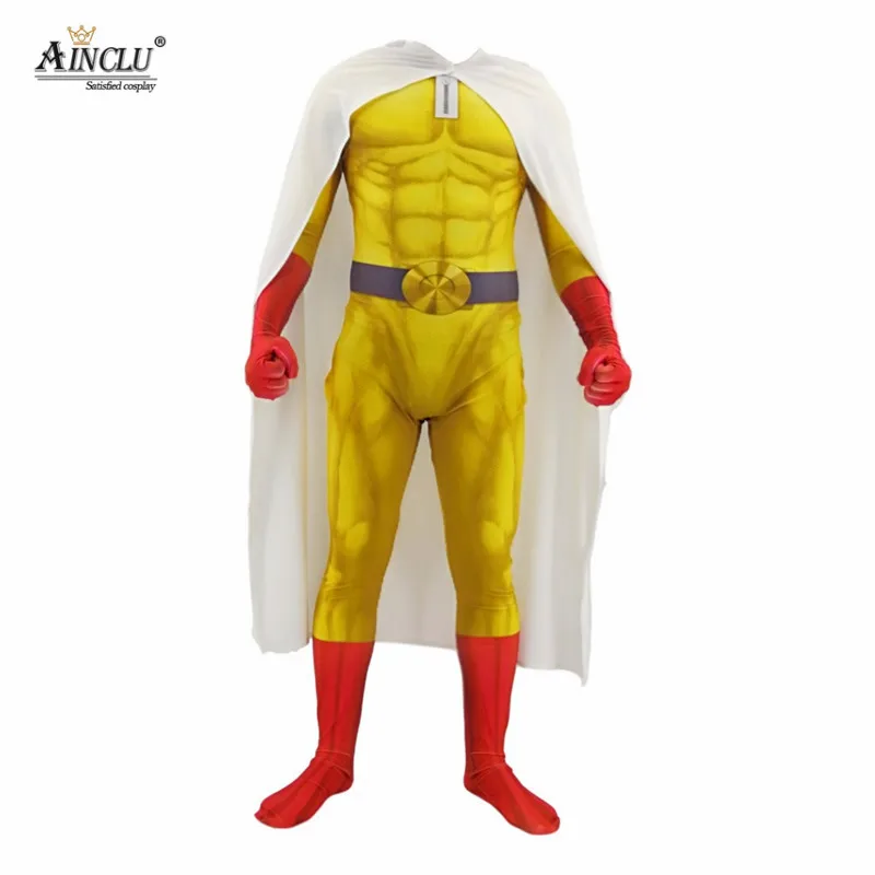 Ainclu-Disfraz de superhéroe Saitama para hombre, mono de un golpe, para Halloween, con capa/capa