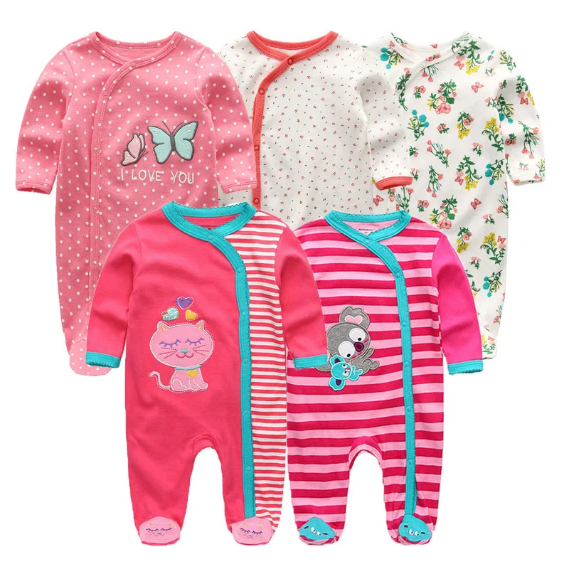 Desenhos animados do bebê algodão pé macacão, bebê Coverall, roupas de meninas, crianças, 5 pcs por lote, primavera