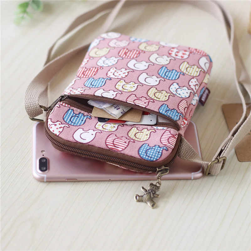 Women\'s Canvas Floral Cartoon Pattern Wallet Brand 2024 Small Coin Purse Ladies Phone Pouch Female Shoulder Money Bag for Girls