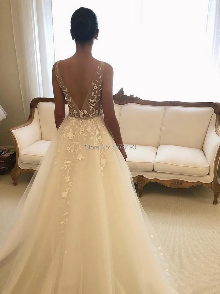 Elegant Ivory V-Neck Sleeveless A-Line Floor-Length Tulle&Organza Wedding Dresses/Women Gowns Appliques&Bead Belt Free Shipping