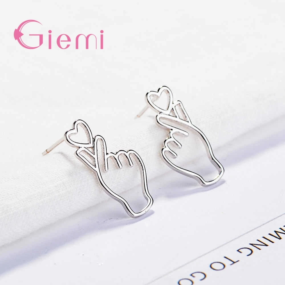 Minimalism Dainty Fashionable Sweet Love Gesture Stud Earrings Nice 925 Sterling Silver  For Women Girl Wedding Jewelry