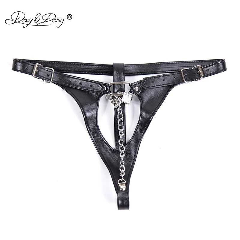 DAVYDAISY Women Sexy Panties Latex Chain Panties Lock PU Leather Thongs Sexy Lingerie Exotic Briefs Female Underwear UN517