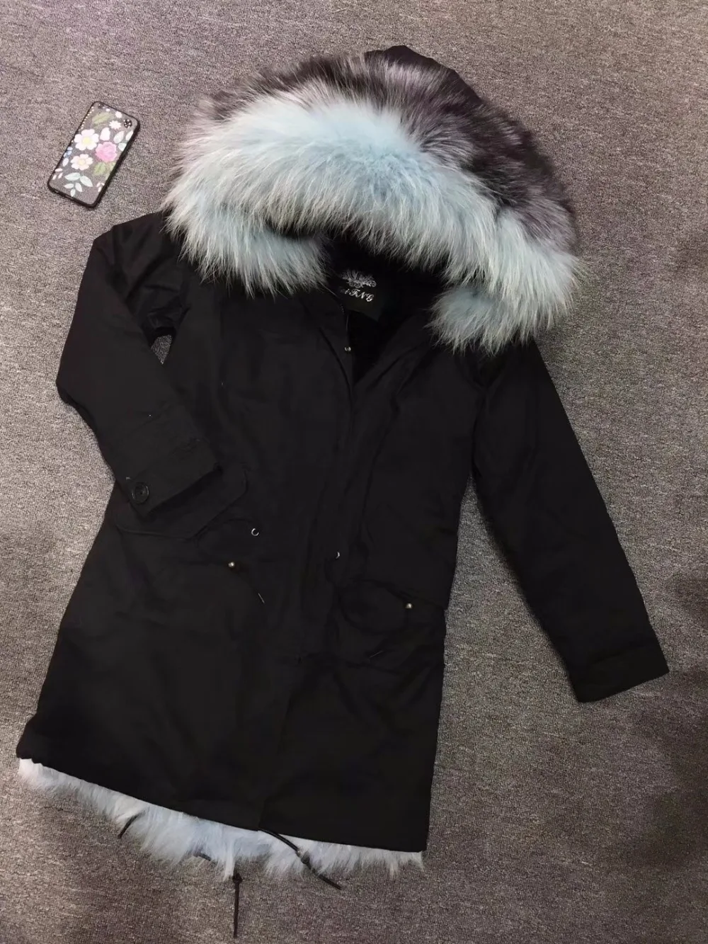 New Arrival Black Long Parka Causal Winter Wear Sliver Fox Mix Skyle Blue Fox Fur Parka Mr Mrs Wear