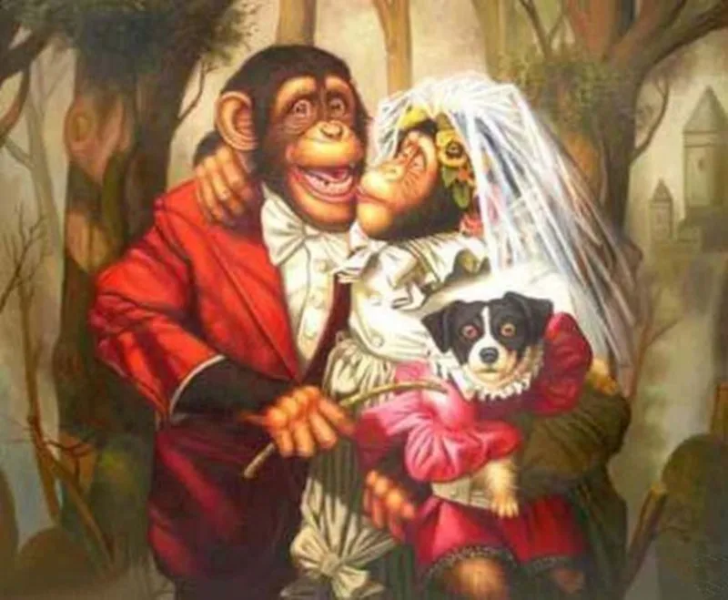 Funny Animal Painting Married Moneky Oil Painting for Home Decor Wall Art on Canvas for Living Room Hand Painted No Framed