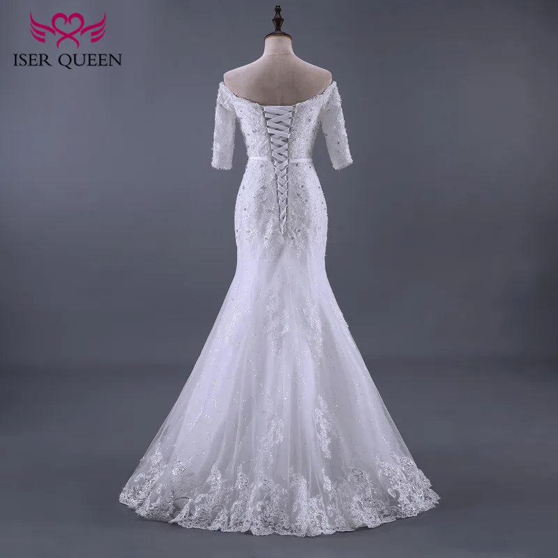 الزنانير المخصصة مع القوس نصف كم حورية البحر فساتين الزفاف الدانتيل يزين حجم كبير فستان الزفاف النساء WX0084 #3