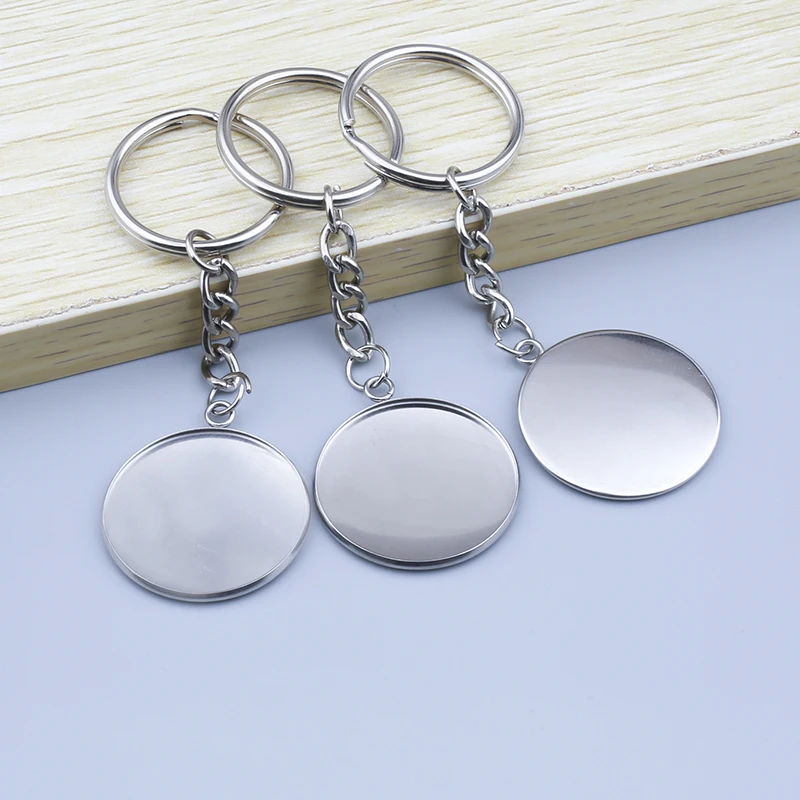 5pcs Round Cabochon Stainless Steel Key Ring Handmade Metal Key Chain Glass Cabochon Keychain Base Setting Diy Jewelry Findings