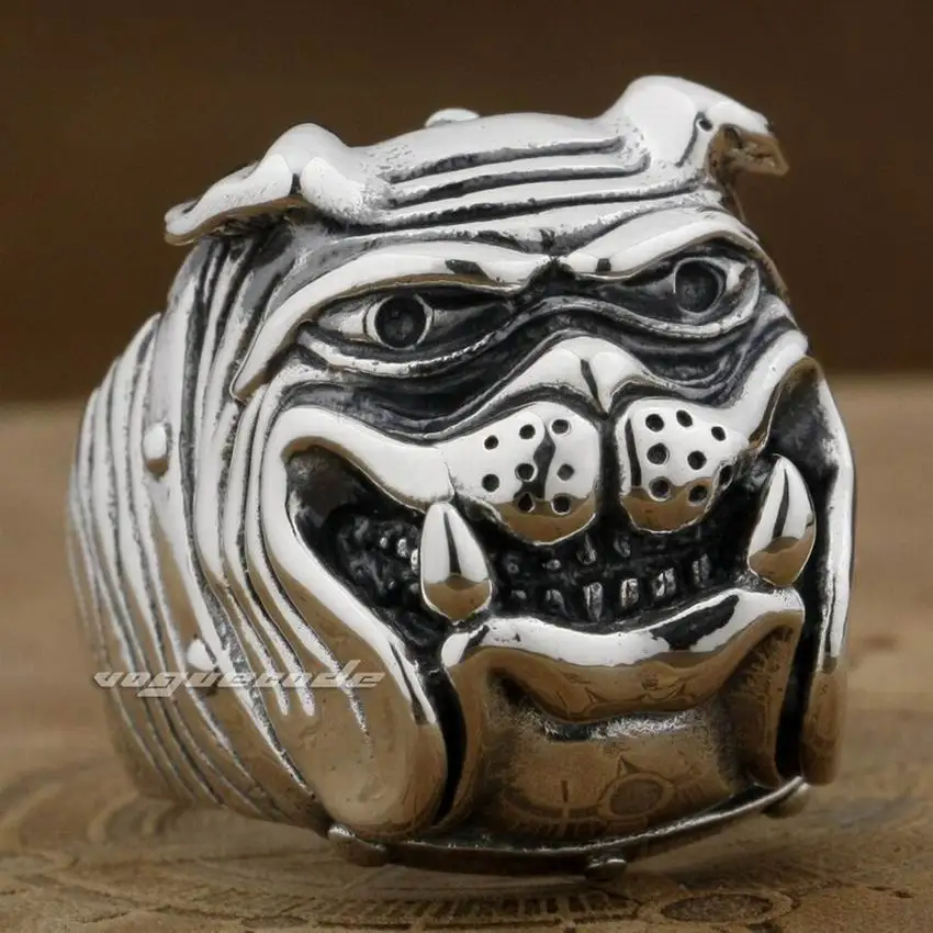 Huge Heavy 925 Sterling Silver Cute Bulldog Ring Mens Biker Punk Ring 8E011 US Size 7 to 15