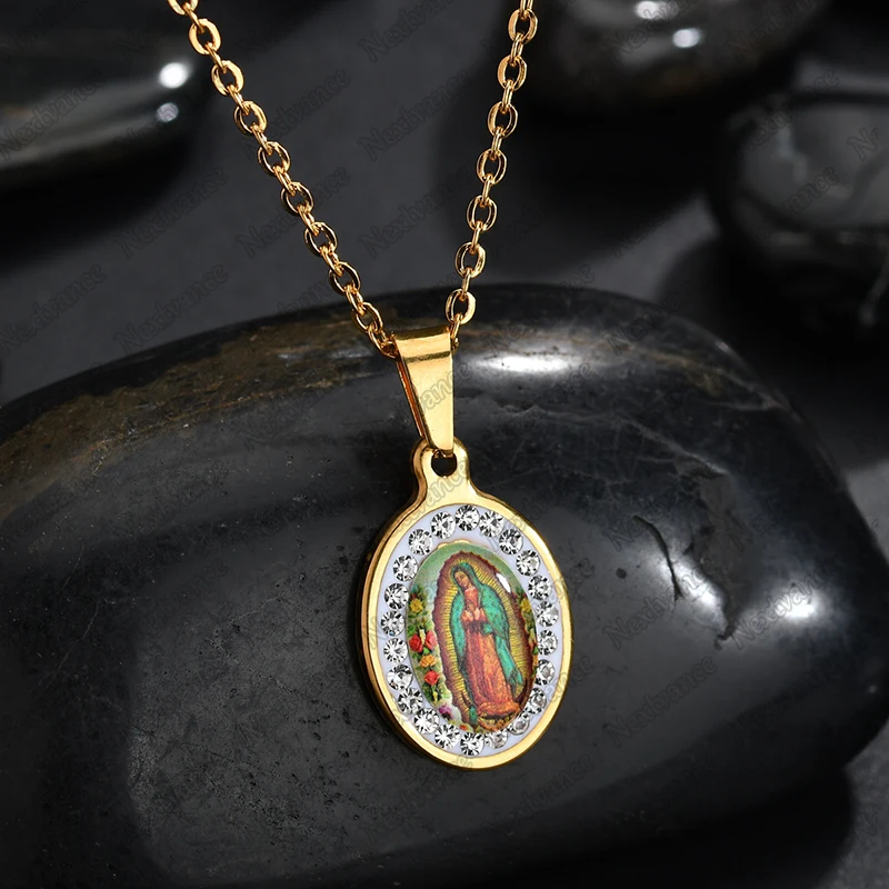 Nextvance High Quality Stainless Steel Virgin Mary Pendant Necklaces Cubic Zircon Madonna Women Necklace Catholic Christian Gift