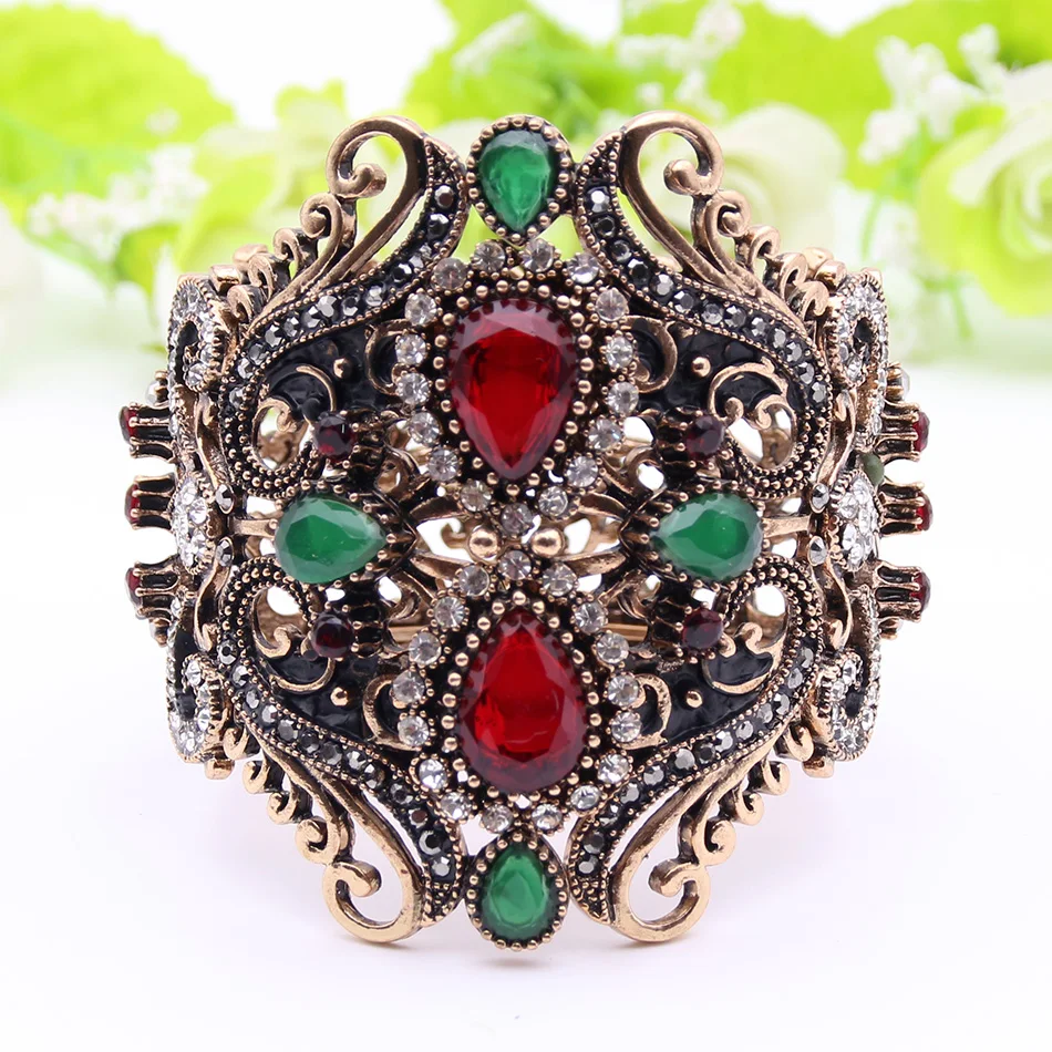 Sunspicems Retro Vintage Indian Wide Flower Bangle Cuff Women Antique Gold Color Spring Bangles Bracelet Turkish Wedding Bijoux