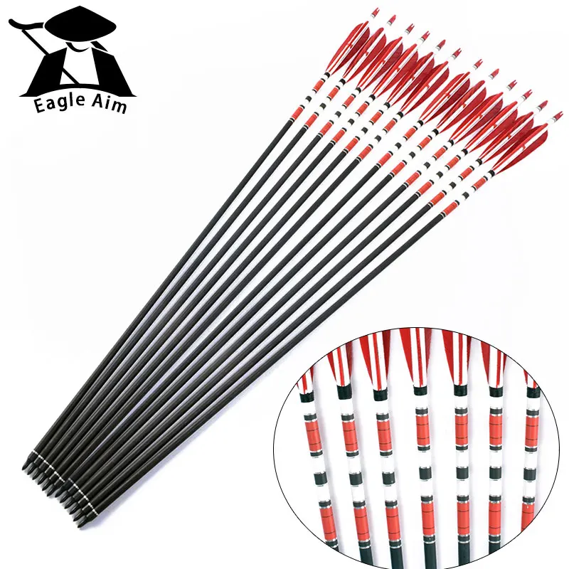 Hot 31.5inch Mix Carbon Arrows Bolts, 5inch Turkey Feather, 20-50lbs Longbow , shaft with stickerArchery,spine500, ID6.2mm 12PCS