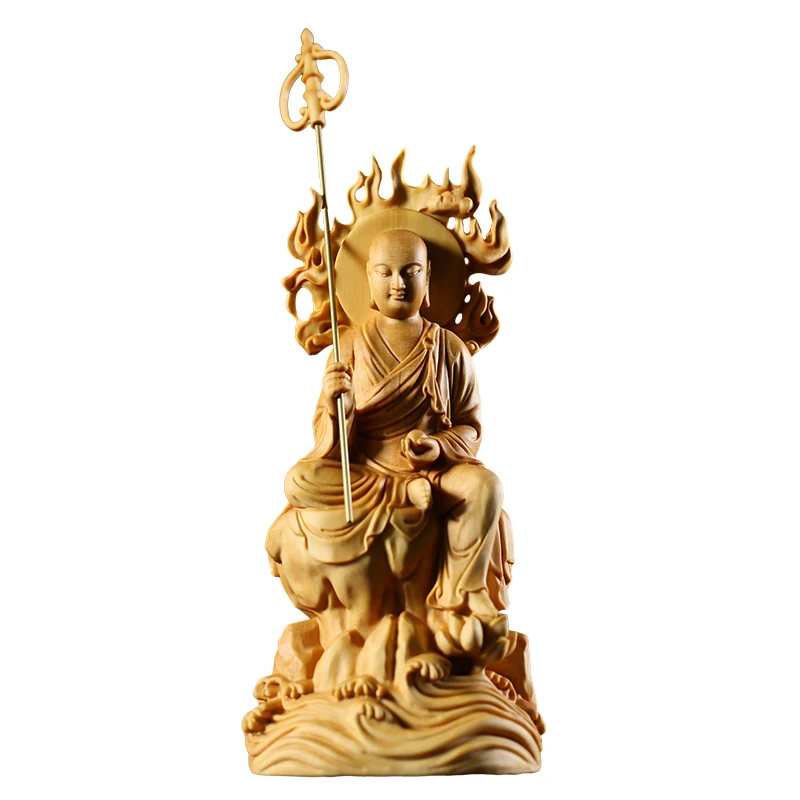 Tibetan King Buddha Buxus Wood Carving Unique Flame-Inspired Craft Sculpture Home Decor Showcase Tranquil Spirituality Sculpture