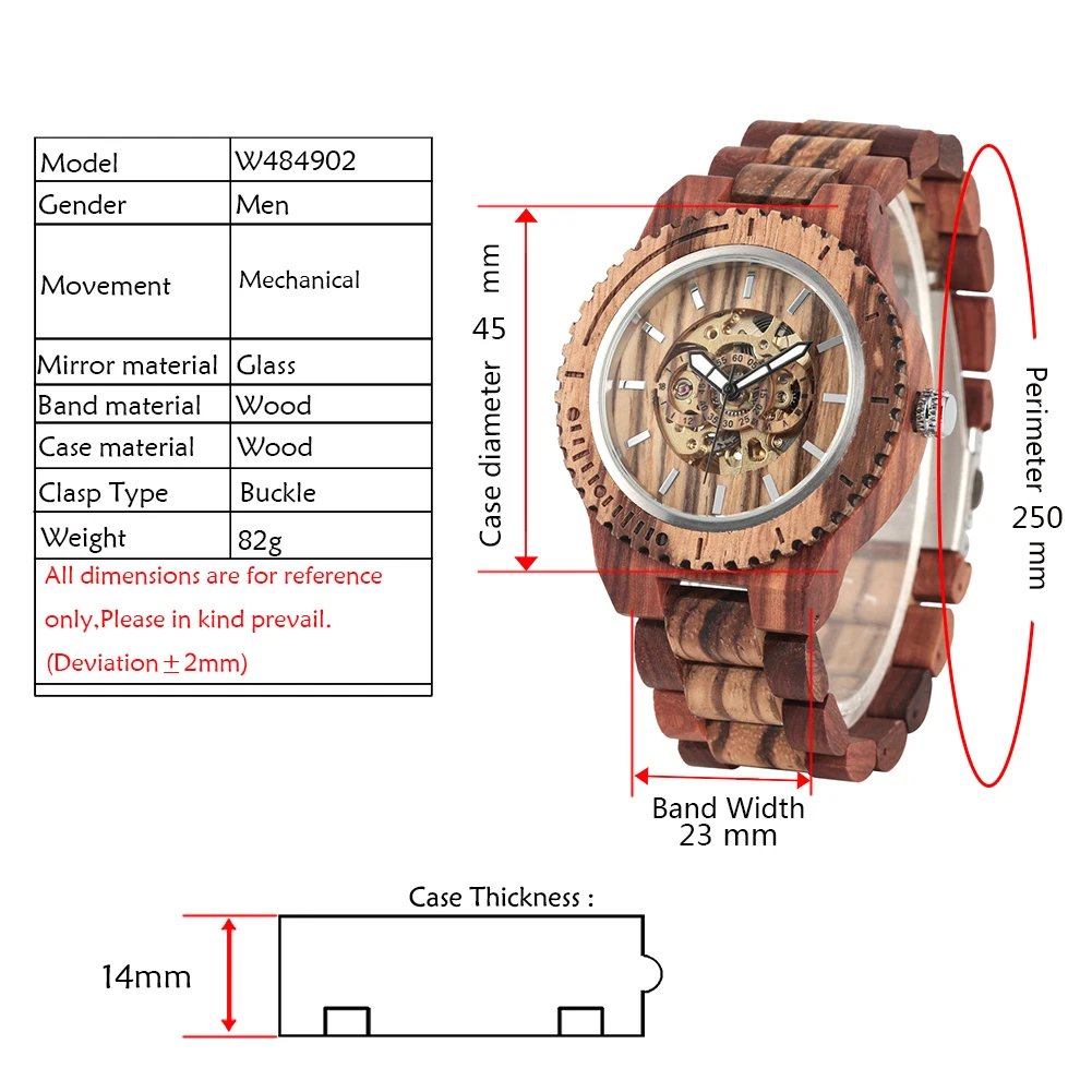 Men\'s Watch Hollow Out Automatic-self-winding Mechanical Watch Luminous Function Wood Strap Wristwatch