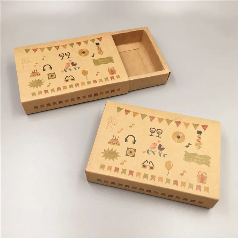 Brown Kraft Paper Drawer Boxes for Jewelry Carrying With Different Colorful Pattern Handmade Wedding/Candy paper 50Pcs gift box