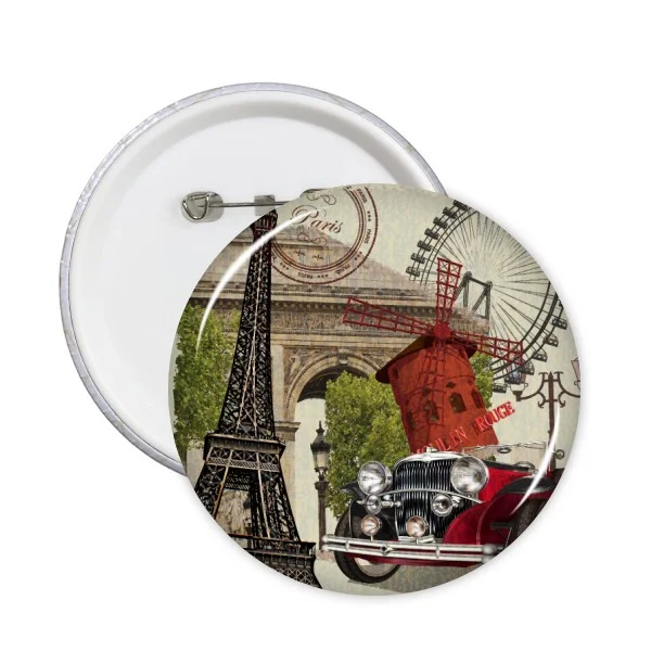 5pcs Old Car France Mark Landmark National Flag Architecture Custom Landscape Illustration Pattern Round Pin Badge Button