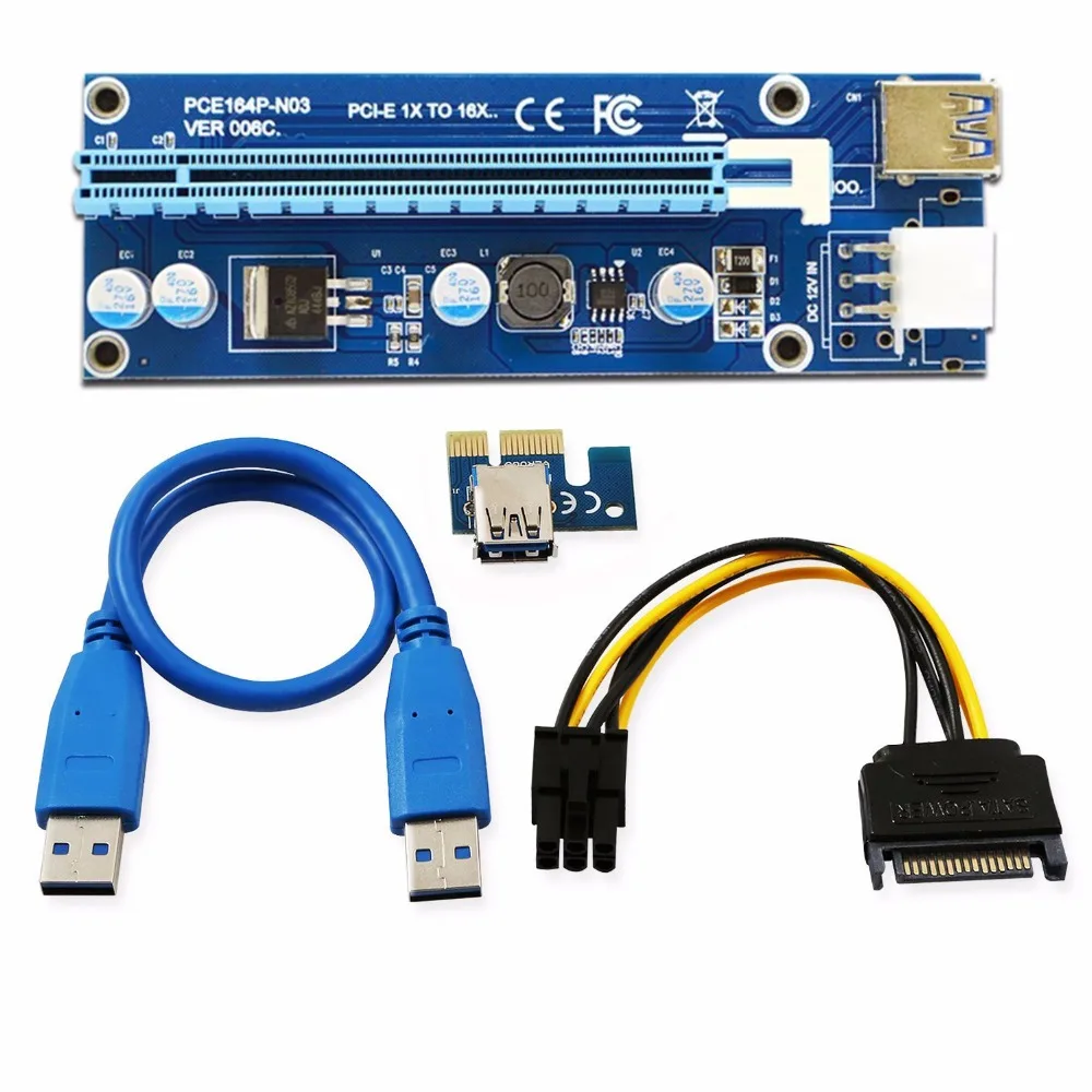 006C PCIe PCI-E PCI Express Riser Card 1x to 16x USB 3.0 Data Cable Adapter SATA to 4Pin IDE Molex 6 pin for Bitcoin Mining