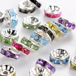 Pandahall 50pcs/Lot Rhinestone Spacer Beads Loose Crystal Mixed Color Alloy Rondelle Spacer Beads, 8x3.8mm, Hole: 2mm