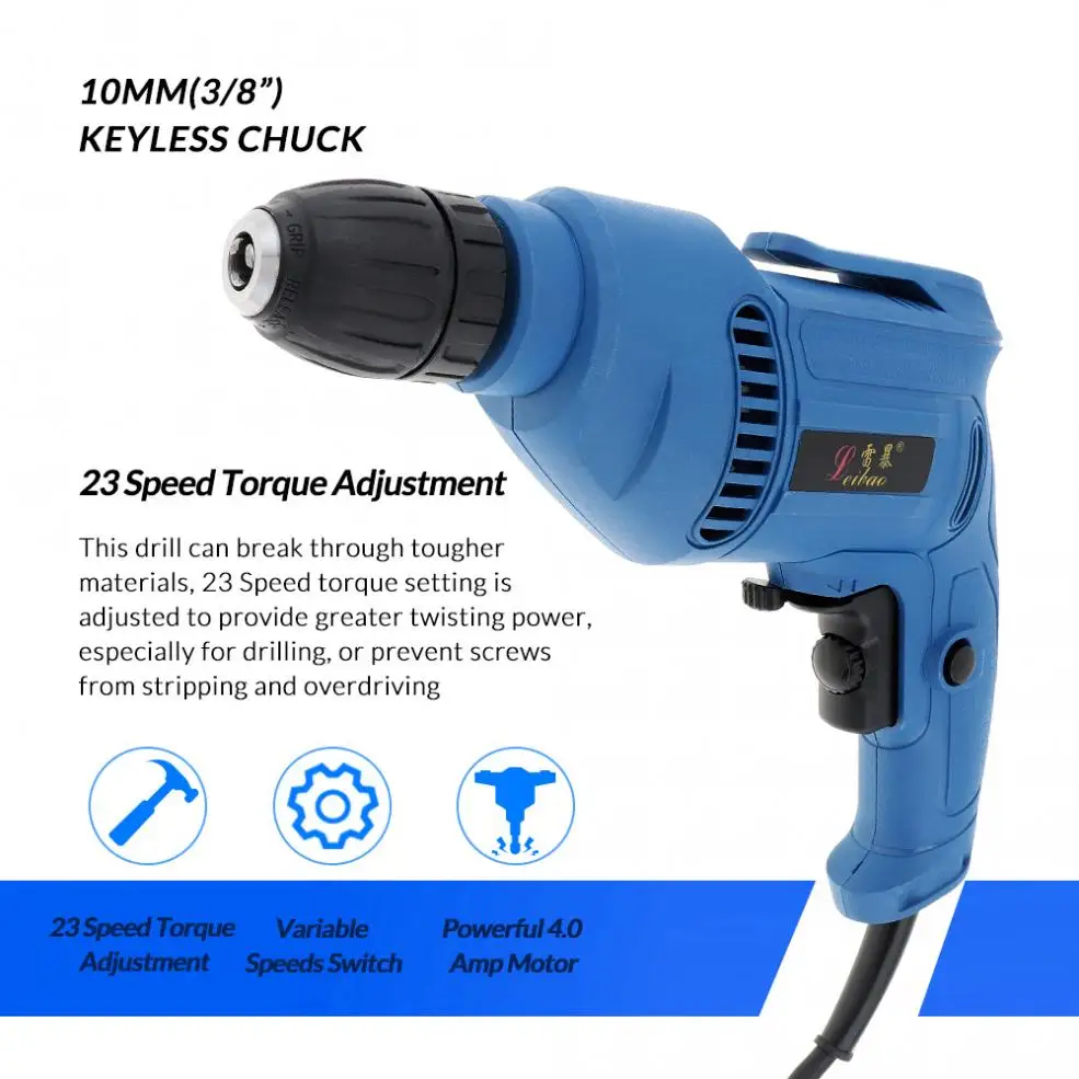 220V 600W Multifunction Handheld Impact Electric Drill with Positive Reversal Adjustable Speed Switch and 10mm Drill Chuck