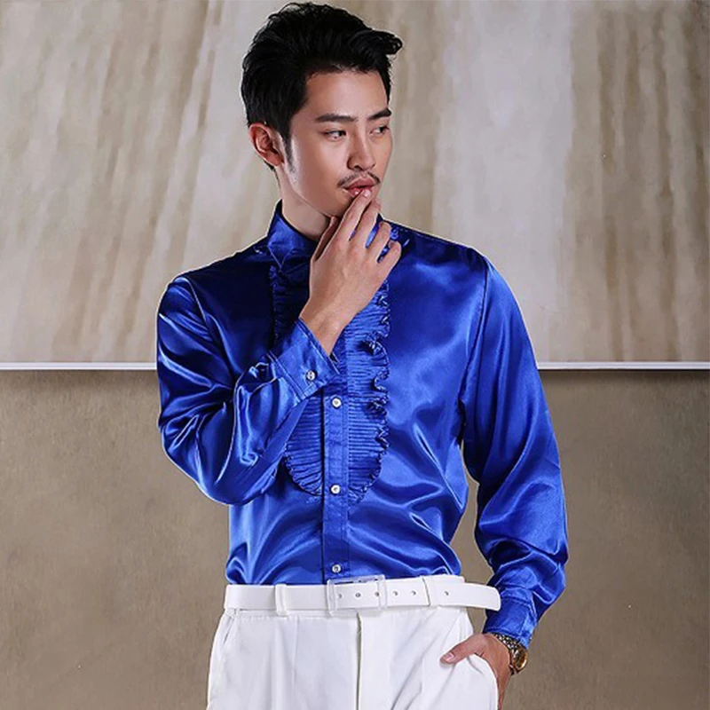 Pink Chest Ruffle Vintage Satin Shirt Men 2019 New Slim Fit Long Sleeve Chemise Homme Party Wedding Stage Clothing Camisa Hombre