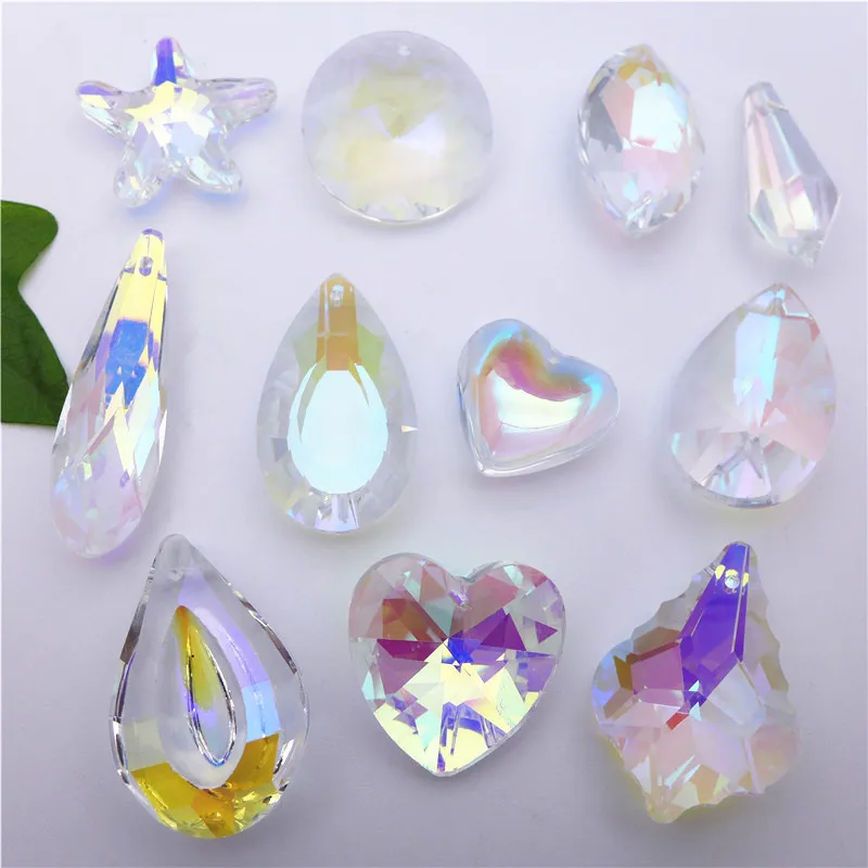 half AB plated coating curtain lamp hanging drop crystal heart/pear/leaf/sun/olive shape pendants chandelier DIY accessories k9