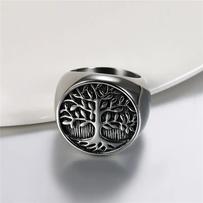 Boniskiss Punk Men Silver Color Tree Of Life Ring Casting Stainless Steel Life Tree Rings For Men Ring Jewelry Bague Homme