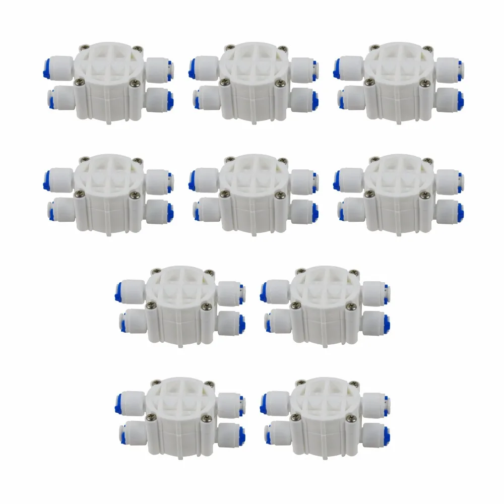 Paquete de 10 adaptadores de 4 vías, válvula de cierre automático de 1/4 pulgadas para filtros de agua y sistemas de ósmosis inversa RO