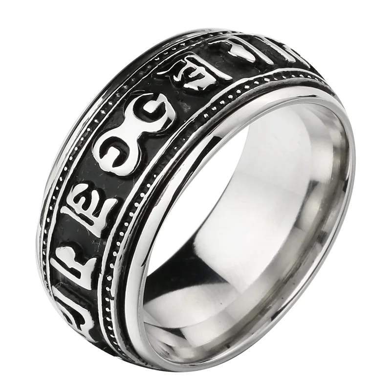 Valily jewelry Men's Spinner Ring Buddhist Six True Syllable Rings Vintage Stainless Steel Religious Gift Rotate Ring for Men