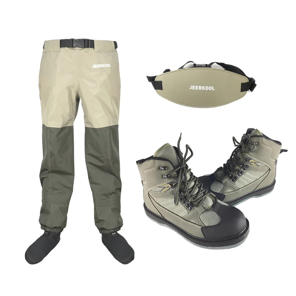 Original JEERKOOL Fly Fishing Waders Shoes Felt Sole & Waist Pants Belt Waterproof Hunting Suit Overalls Wading Upstream Boots