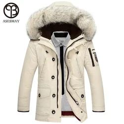 Asesmay Winter Men's Duck Down Jackets Coats Mens Fashion Thick Warm Big Wool Fur Hooded Plus Size Jackets For Men Winter Parkas