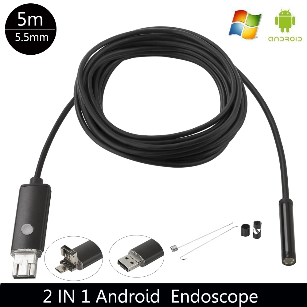 High quality 5.5MM USB endoscope Android camera 1/2/5/10m  flexible snake tube detection SmartPhone OTG endoscope camera 6LED