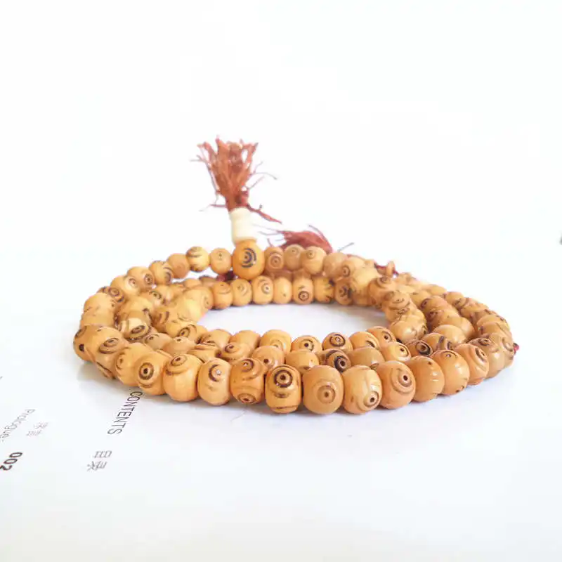 BRO516 Tibetan Hand Carved Three Eyes Bracelets Buddhist 108PCS Yak Bone Beads Meditation Prayer Mala for Man 8-9mm Earth Yellow