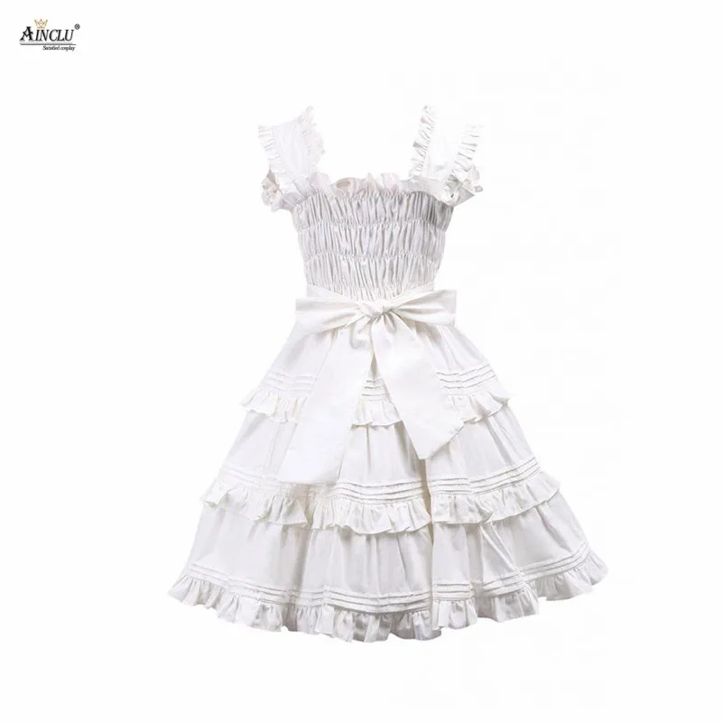 Ainclu – robe Lolita en coton pur blanc, à volants, douce, onirique, XS à XXL, pour les jours et les festivals, offre spéciale