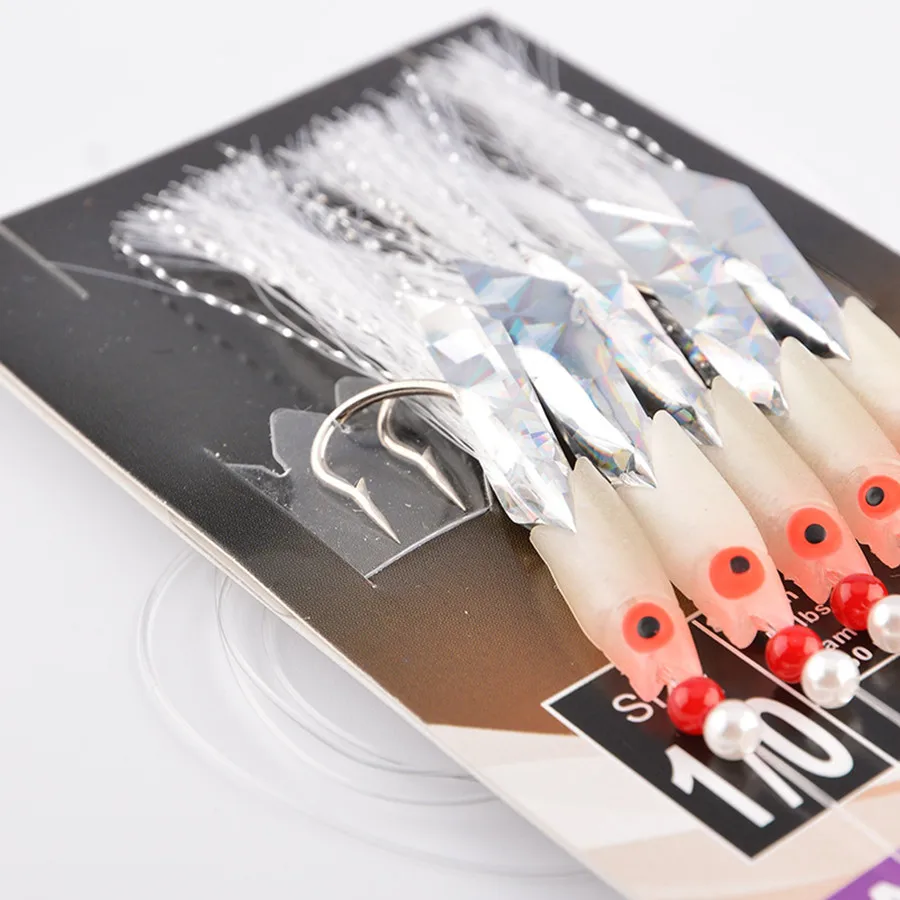 Sabiki isca de pesca luminosa, anzol macio para água salgada, 2 pacotes * 1/0 isca de pesca, cabeça de peixe, isca de pesca macia