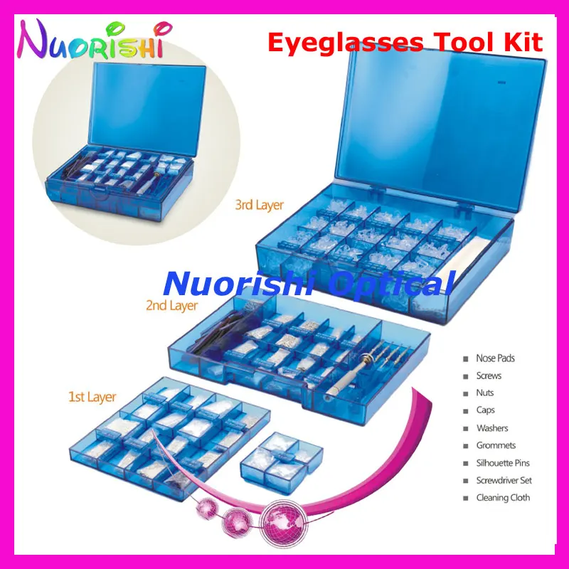 3-Layers Glasses Accessories Kit Set Nose Pads Nut Screw Caps Washers Grommets Bushing Temple Tips Screwdriver 3721B