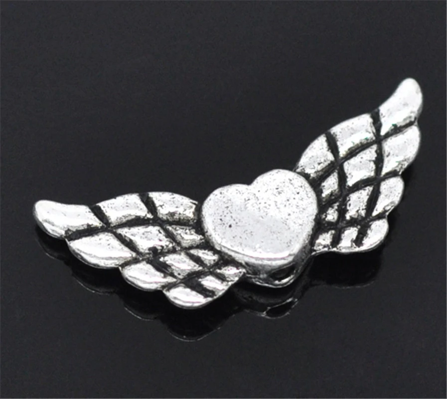 DoreenBeads 50PCs Silver Color Heart& Wing Spacer Beads Gold Color Loose Beads for DIY Jewelry Making  22x9mm (B13230), yiwu